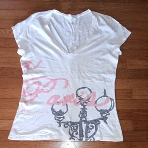 Banana Republic White V-Neck Tee with Pink Script and Gray Graphic